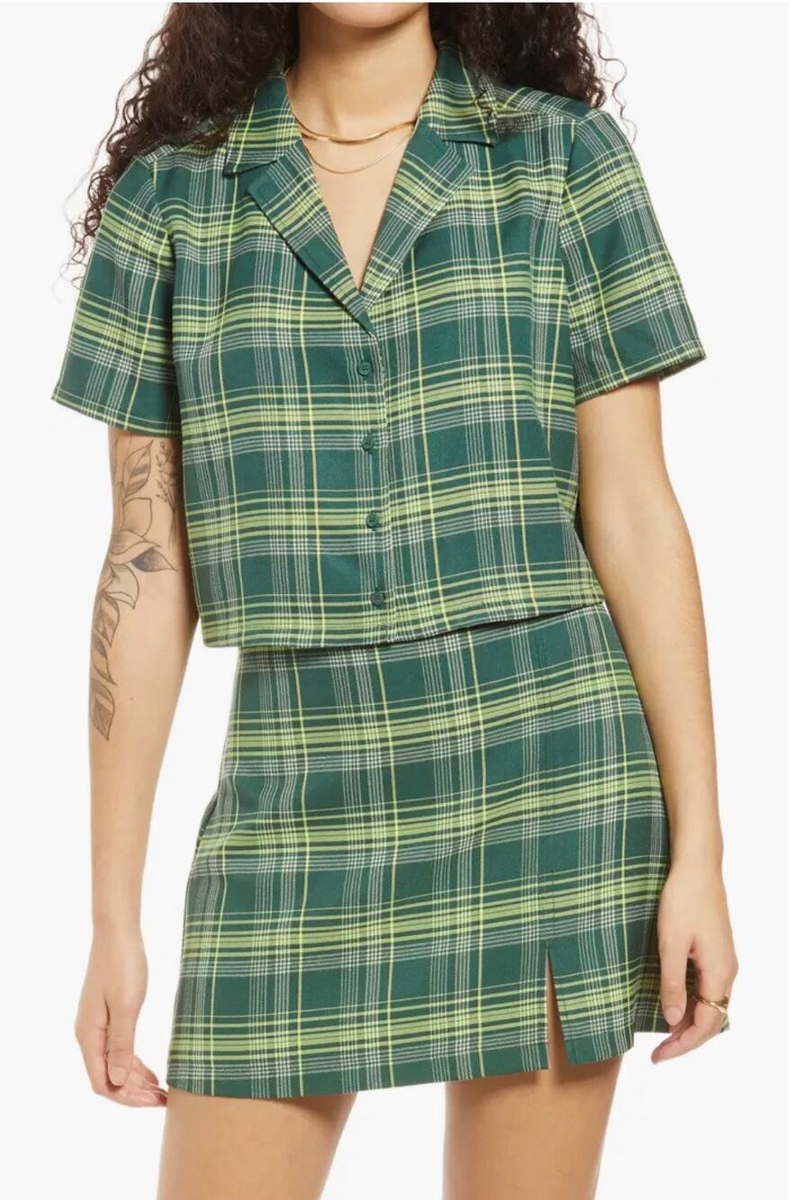 BP two piece plaid Nordstrom Green yellow Plaid Veronika Camp Shirt Blazer NWT